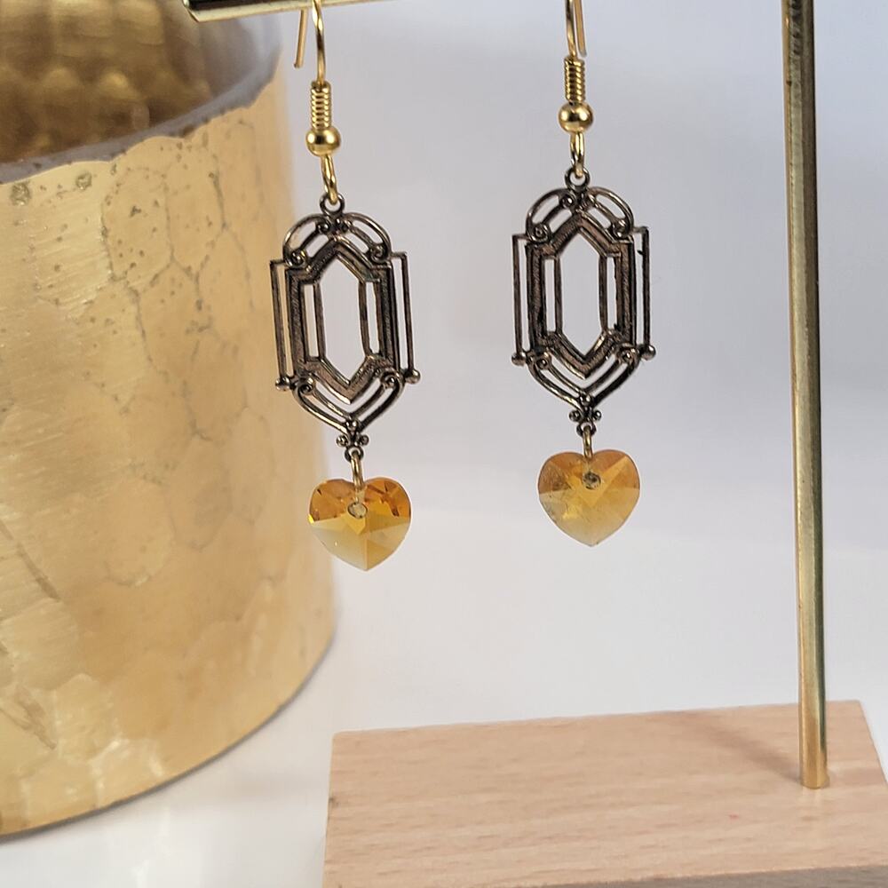 Vintage Geometric Heart Earrings, Amber Crystal Dangle, Gold-Plated Jewelry